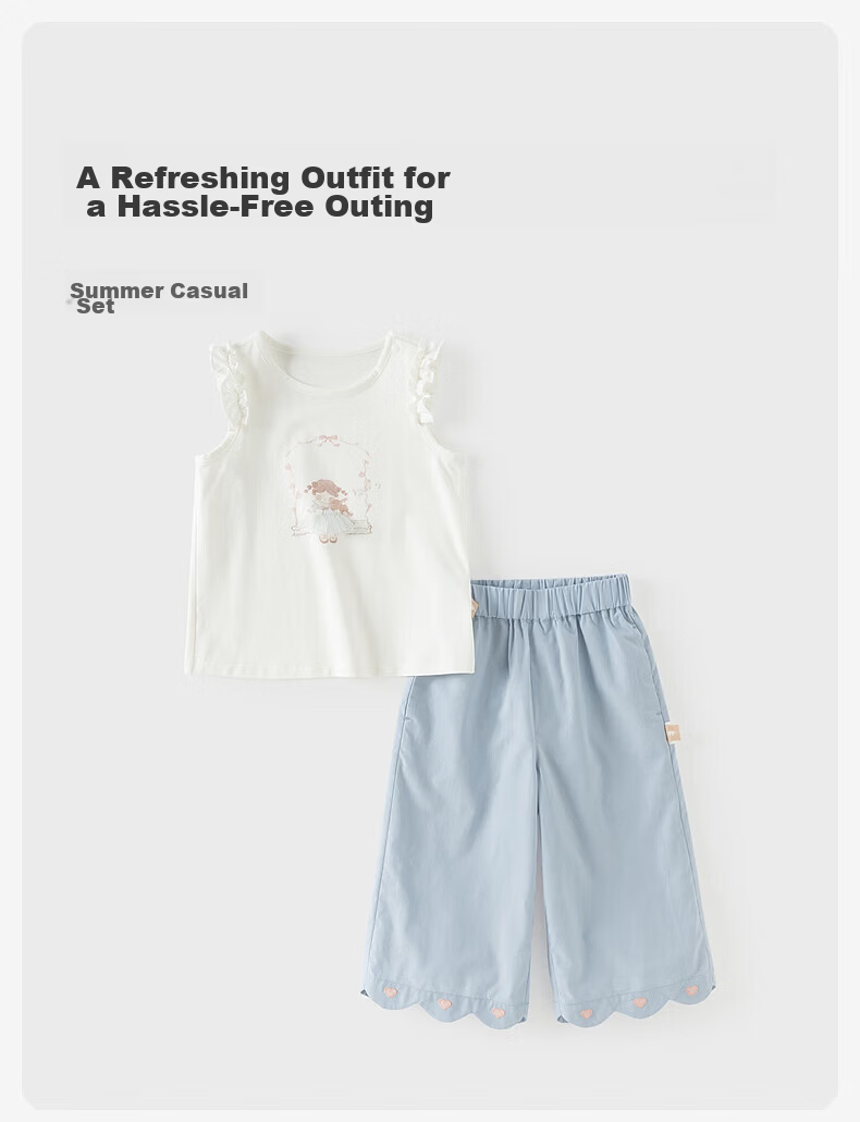 DAVE & BELLA Kids 3/4 Pants Set Girls Antibacterial T-Shirt and Pants Baby Class A Summer Outfit 1